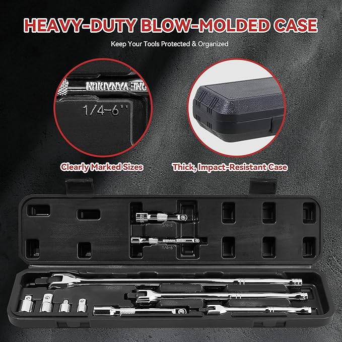 10 Piece Breaker Bar Set, 3/8" , 1/2" and 1/4" Drive, 180째 Rotatable Head, 6'', 10'', 15'' Length, 3 Extension Bars, Organizer Case