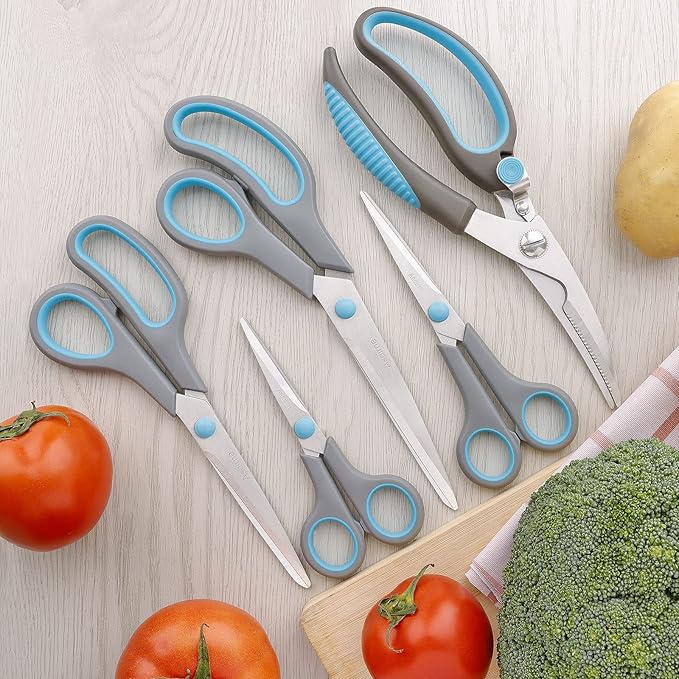 Premium Kitchen Scissors Set, Kitchen Shears, Food-Grade Stainless Steel Blades, Ergonomic Rubber Handle, Include 1 Poultry Shears and 4 All Purpose Scissors, 9.1??9.6"/8.5"/6.4"/5.4"