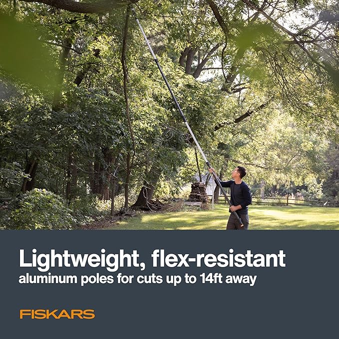 Fiskars XtendControl 14' Extendable Tree Pruner, Adjustable Pole Saw Branch Trimmer with 15" X2 Hook Bill Saw, 3-6' & 4-8' Extension Poles, and Secure Locking System for Precision Cutting