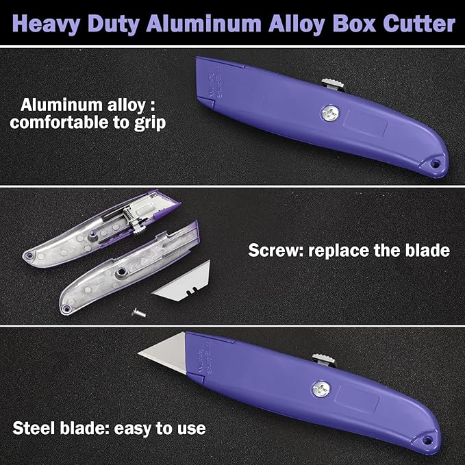 Reginary 20 Pcs Box Cutter Bulk Retractable Utility Knife Heavy Duty Aluminum Alloy Razor Knife for Cardboard Box Carton Opener for DIY, Factory, Home Office(Purple)