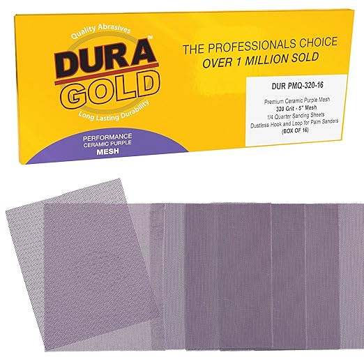 Dura-Gold Premium 320 Grit 1/4 Sheet Size Purple Ceramic Mesh Sandpaper, Box of 16-4.5" x 5.5" Dustless Hook & Loop Backing, Palm Sanders, Sanding Blocks - Long-Lasting Fast Cut - Woodworking, Auto