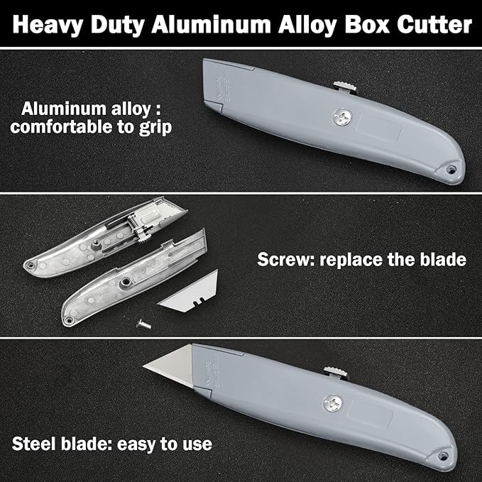 Reginary 20 Pcs Box Cutter Bulk Retractable Utility Knife Heavy Duty Aluminum Alloy Razor Knife for Cardboard Box Carton Opener for DIY, Factory, Home Office(Silver)