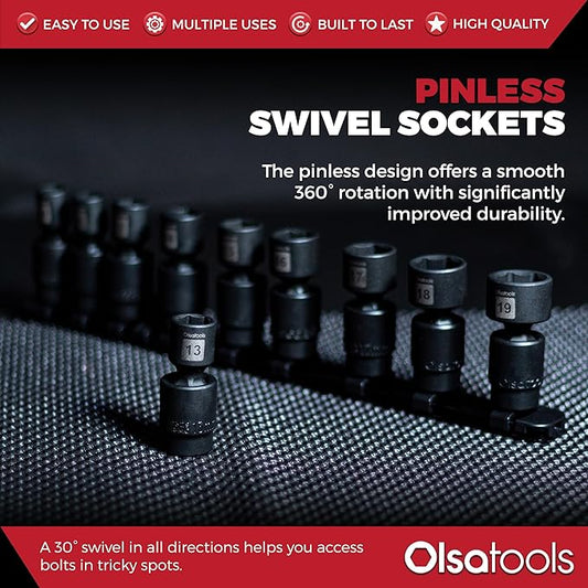 Olsa Tools Swivel Impact Socket Set, 3/8" Drive Metric - Pinless Universal Joint Sockets - Impact Swivel Socket Set - Drop-Forged Cr-Mo High Torque Wobble Sockets with Rail - Part: 1759