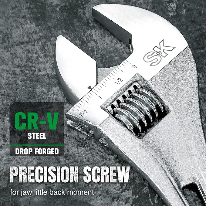 SK 12-Inch Adjustable Wrench, 1-1/2" Jaw Capacity, Cr-V Steel, SAE&Metric Scales