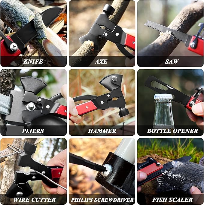 RoverTac 14-in-1 Multitool Camping Axe Hatchet ??Essential Camping Gear with Knife, Hammer, Saw, Bottle Opener, Screwdriver ??Multi Tool with Sheath ??Gifts for Men, Dad, and Outdoor Adventures