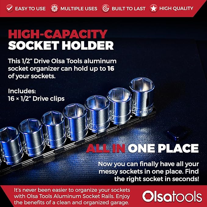 Olsa Tools Socket Organizer - 1/2-Inch Drive Socket Holder Rail - Black Aluminum Rail Stores 16 Impact or Chrome Sockets -Professional Grade Metric or SAE Socket Organizer - Part: 1022