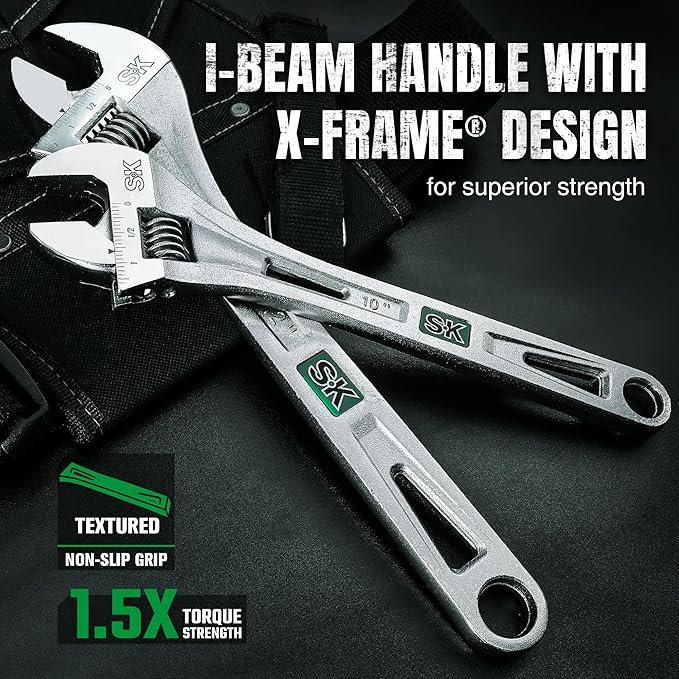 SK 2-Piece Adjustable Wrench Set, 10-Inch, 12-Inch, Cr-V Steel, SAE & Metric Scales