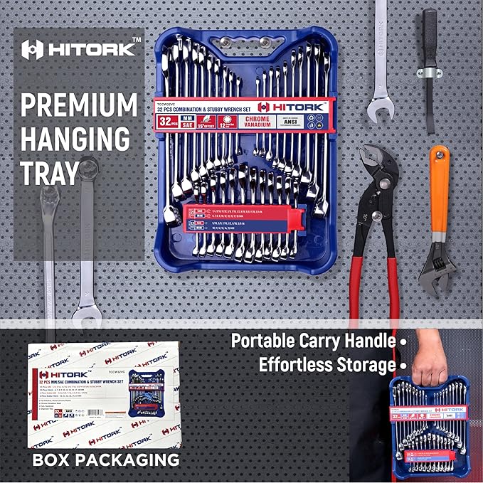 HITORK 32 Piece Wrench Set SAE & Metric 20 Standard & 12 Stubby Combination Wrenches Cr-V Steel 12-Point Mirror Finish 15째 Offset with Organizer Tray Ideal for Auto & Home Repair