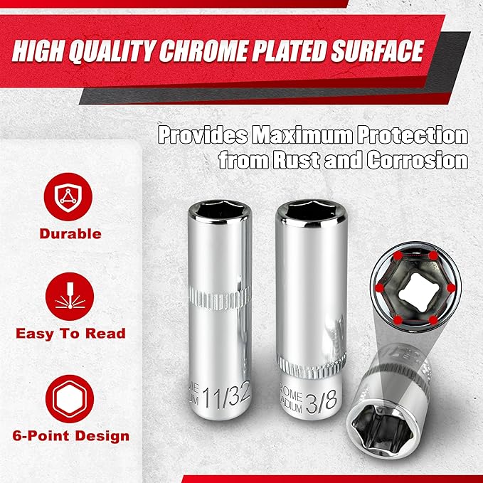 28pcs 1/4" Drive Impact Socket Set,Drive Master Socket Set,SAE, Deep&Shallow with Universal Joint,Extension bar,Ratchet Wrench,Hex Bit Holder,Spinner Handle,6 Point,CR-V Steel,Mirror Chrome