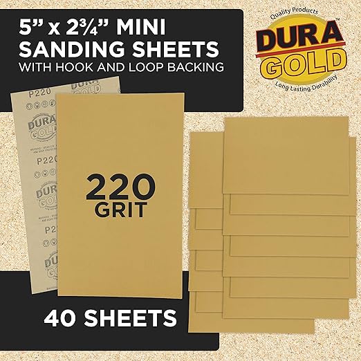 Dura-Gold Premium 5" x 2.75" Gold Sandpaper Sheets, 220 Grit (Box of 40) - Hook & Loop Backing, Wood Furniture Woodworking, Auto Paint - for Palm Sanders, Clip-On, Hand Sanding Blocks