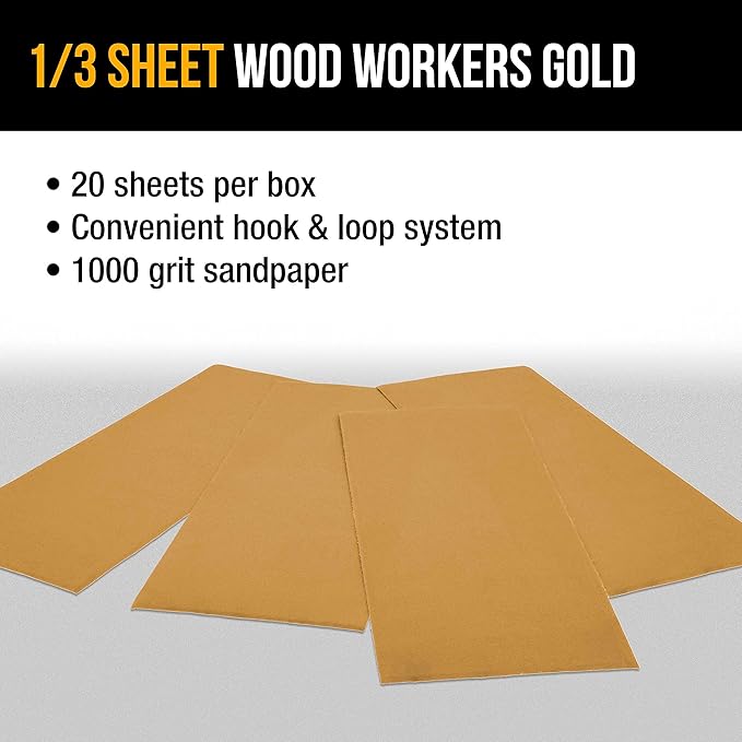 Dura-Gold Premium 1/3 Sheet Gold Sandpaper Sheets, 1000 Grit (Box of 20) - 3-2/3" x 9" Size Hook & Loop Backing, Wood Furniture Woodworking, Auto Paint - Jitterbug Sanders, Clip-On, Hand Sanding Block