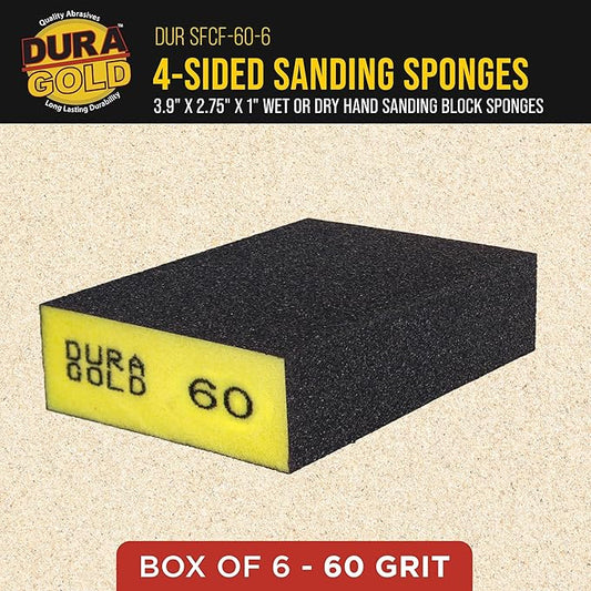 Dura-Gold 60 Grit 4-Sided Hand Sanding Block Sponges, Box of 6 - Performance Flex 3.9" x 2.75" x 1" Wet or Dry Flexible Sandpaper Abrasive Brick Pads, Reusable - Sand Wood, Drywall, Metal, Auto Paint