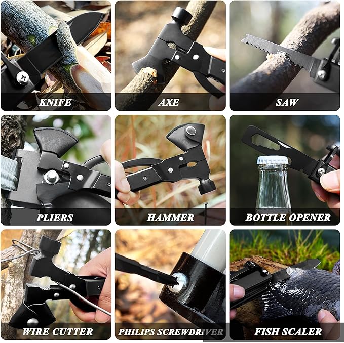 RoverTac 14-in-1 Multitool Camping Axe ??Multi Tool with Knife, Hammer, Saw, Screwdrivers, Bottle Opener ??Camping Tool with Sheath ??Tool Gifts for Men, Dad, Husband, and Outdoor Enthusiasts.