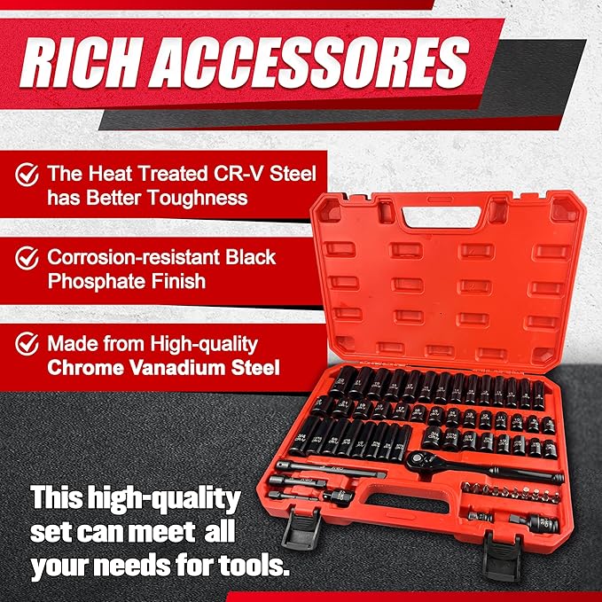 61pcs 3/8" Socket Set, Drive Deep Impact Socket Set, Including 3 ", 6" Impact Extension Bar, Standard SAE (5/16 to 3/4?? and Metric (8mm-22mm), Sandblasting,Impact Coupler,RatchetHandle,Cr-V Steel