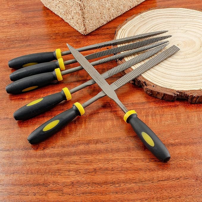 Bivethoi Metal Files Set of 6, Carbon Steel Rasp with Non-Slip TPR Rubberized Handle for Wood, Metal, Sharpening - Flat, Square, Triangle, Cylinder, Cone, Half-Round