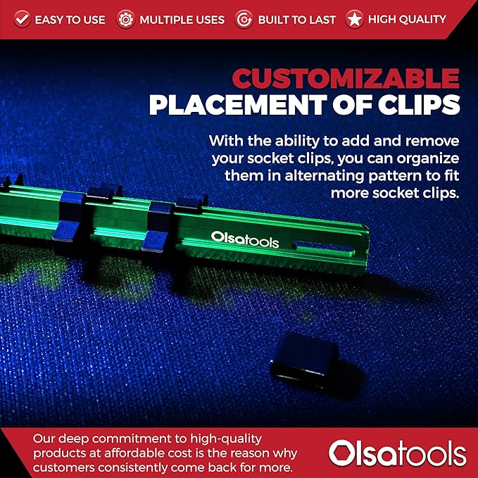 Olsa Tools Socket Organizer - 1/4-Inch Drive Socket Holder Rail - Green Aluminum Track Stores 24 Chrome or Impact Sockets - Professional Grade Metric or SAE Socket Organizer - Part: 1103