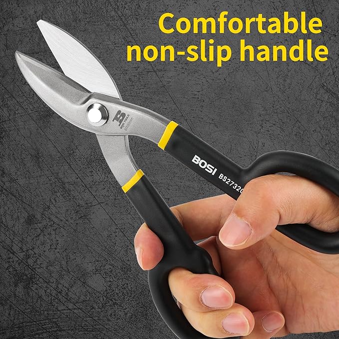 8 Inch Straight Pattern Tin Snips Metal Cutters, High Strength Forged and Heat Treated Carbon Steel with Comfortable Black Rubber Handle