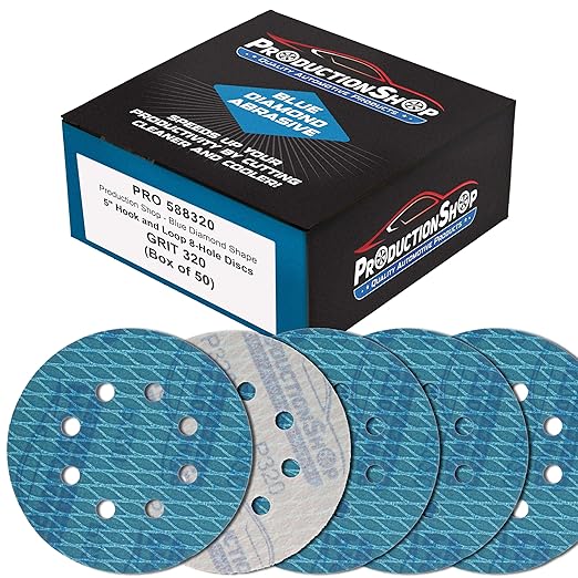 Premium 320 Grit 5" Rhombus Diamond Shape Blue Sanding Discs, 8-Hole, Box of 50 - Hook & Loop Anti-Clogging J-Cloth Dustless Sandpaper for Random Orbital Sanders, Sand Auto Paint, Wood