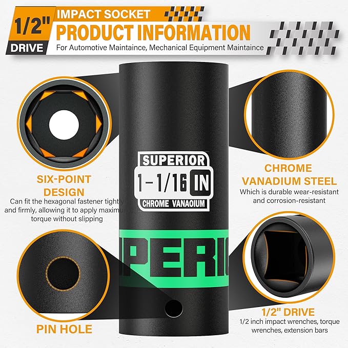 1/2" Drive Impact Socket, 1-1/16 inch Deep Socket, SAE, 6 Point, CR-V, for Car Repair, Loosen the Fastening Nut