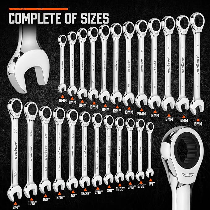 HORUSDY 24-Piece Ratcheting Wrench Set | Metric and SAE | Ratchet Combination Wrenches Set with Organizer | 72-Tooth | Chrome Vanadium Steel | 6-18 mm & 1/4??to 3/4??(24-Piece)