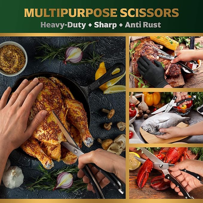 Heavy Duty Stainless Steel Poultry Shears For Bone, Chicken, Meat, Fish, Seafood, Vegetables. Premium Spring Loaded Food Scissors. One piece Kitchen Shears. (Black Wooden Handles)