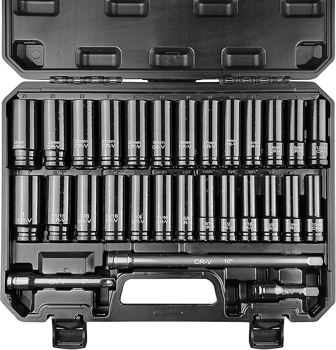 29pcs 1/2" Socket Set, Drive Deep Impact Socket Set, Including 3 ", 5", 10" Impact Extension Bar, Standard SAE (3/8 "- 1") and Metric (10mm-24mm), Cr-V Steel