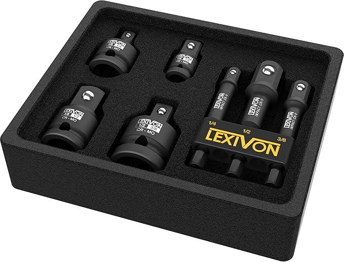 LEXIVON Impact Socket Adapter Combo Kit, 7-piece Increaser, Reducer & Extension Set | 1/4"-3/8"-1/2" Impact Driver Conversions, Active Rust Protection By Black-Phosphate Coating Treatment (LX-109)
