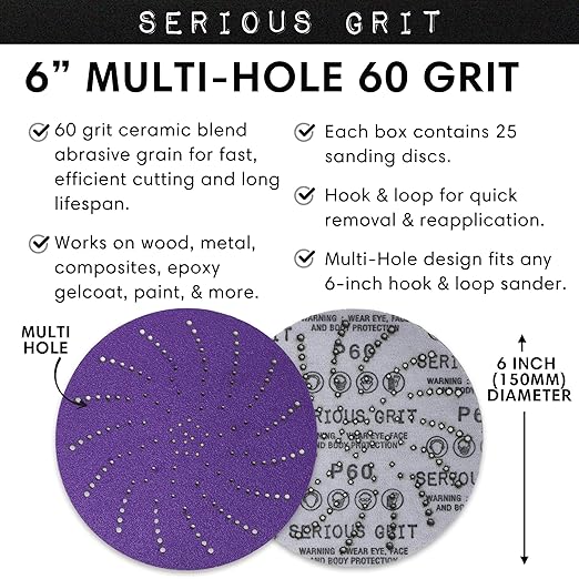 Serious Grit 6-Inch 60 Grit Ceramic Multi-Hole Hook & Loop Sanding Discs - Advanced Grain for Fast Cutting & Long Life - Film-Backed Universal Fit Sandpaper for 6-in Sanders - 25 Pack Box