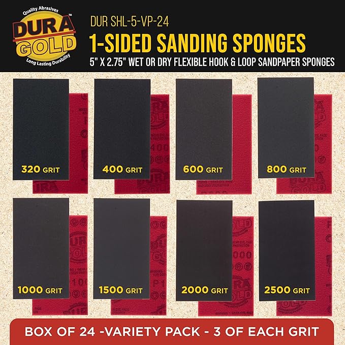 Dura-Gold 5" x 2-3/4" Sanding Sponge Variety Pack, Box of 24 - Grits 320, 400, 600, 800, 1000, 1500, 2000, 2500 - Hook & Loop Wet or Dry Flexible Sandpaper, Hand Sanding Blocks Polish Metal Auto Paint