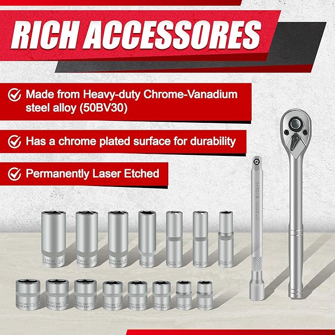 69pcs 1/4??3/8"" Drive Impact Socket Set,Drive Master Socket Set,SAE/Metric, Deep & Shallow with Drive Head Ratchet,Drive Spark Plug Socket,Extension bar (3??& 6??,6 Point,CR-V Steel, Mirror