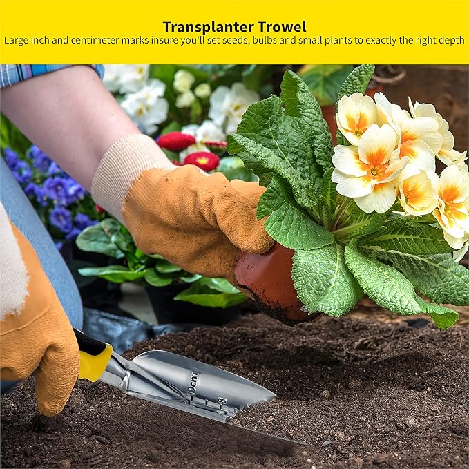 Gardenera 3PC Garden Tool Set with Soft Rubberized Non-Slip Handles - Hand Trowel, Transplant Trowel, Hand Rake in Polished Aluminum - Ideal for All Gardening Needs and The for Gardeners