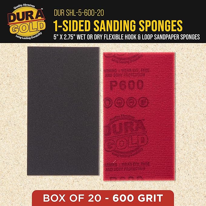 Dura-Gold 600 Grit 5" x 2-3/4" Sanding Sponges, Box of 20 - Performance Hook & Loop Wet or Dry Flexible Sandpaper Sponge Pads - for Hand Sanding Blocks, Palm Sanders - Polish Metal, Auto Paint, Wood