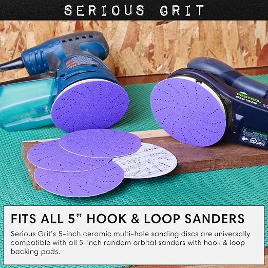 Serious Grit 5-Inch 150 Grit Ceramic Multi-Hole Hook & Loop Sanding Discs - Advanced Grain for Fast Cutting & Long Life - Film-Backed Universal Fit Sandpaper for 5-in Sanders - 50 Pack Box