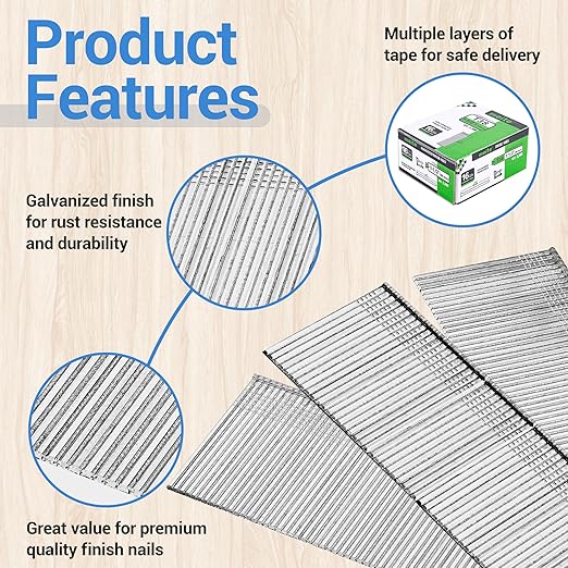 meite 16 Gauge Finish Nails, 1-1/2-Inch Galvanized 16 Gauge Nails, Small Straight Finishing Nail for 16 Gauge Finish Nailer Guns (5 Boxes)