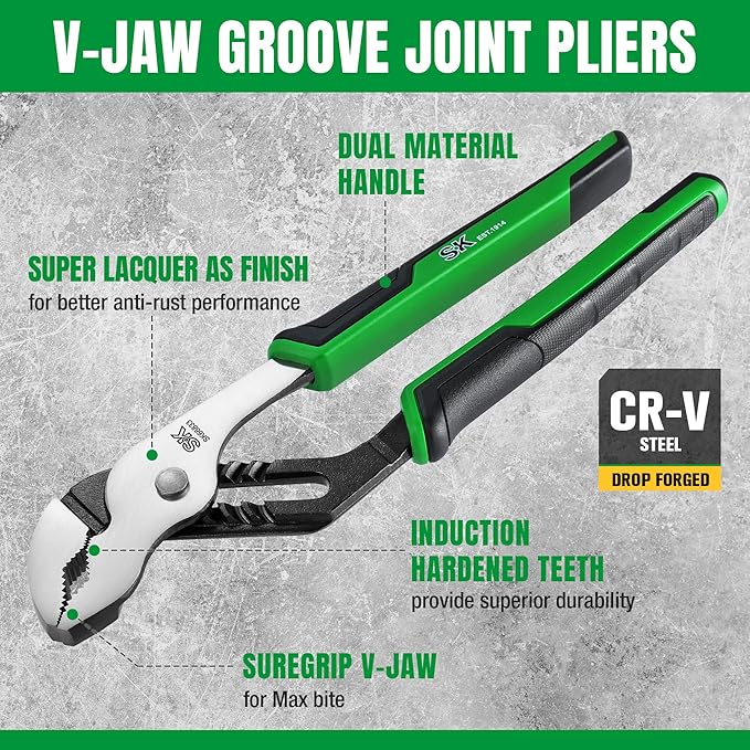 SK 2-Piece Pliers Set, 8-Inch Slip Joint & 10-Inch Groove Joint Pliers, Premium CR-V Construction, Ergonomic Anti-slip Handle for Comfortable Grip