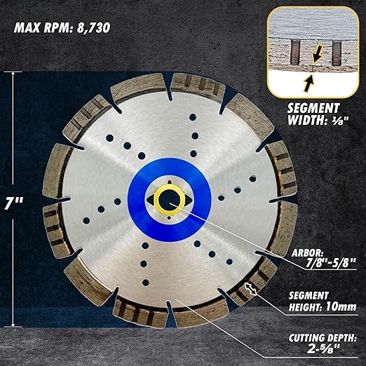 7" All Purpose Diamond Saw Blades for Hard/Reinforced Concrete, Asphalt, Granite, Terrazzo, Ductile Iron Piping, 2-5/8" Cutting Depth, DM 7/8"-5/8" Arbor