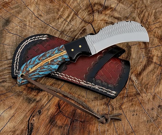Handmade farier rasp Steel Lineman’s Hawkbill knife with Leather sheath, Heavy Duty Utility Knife blade Electrician Wire Skinning knife for professional.