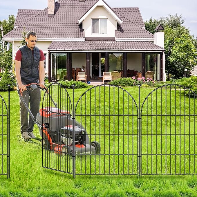 ADAVIN Garden Fence Animal Barrier with Gate 40 in(H)횞17.5 Ft(L) 8 Panels,Rustproof Metal Wire Tall Fencing Border for Dogs Rabbits,Outdoor no dig pet Fences,Black Flower Edging for Yard,Arched