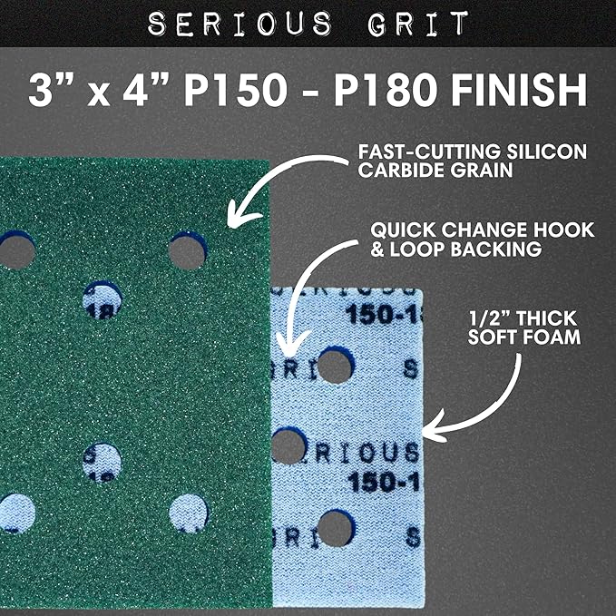 Serious Grit - 3" x 4" Foam Abrasive 150-180 Finish Sanding Pads - Fits Surfprep, Uneeda Ekasand, & Mirka - 1/2" Thick Soft Foam Hook & Loop Sandpaper Pads for 3x4 Sanders - Made in USA - 10 Per Box