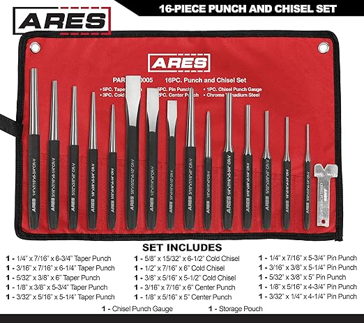 ARES 50005-16-Piece Punch and Chisel Set - Tapered, Pin, Center Punches & Cold Chisels for Various Applications