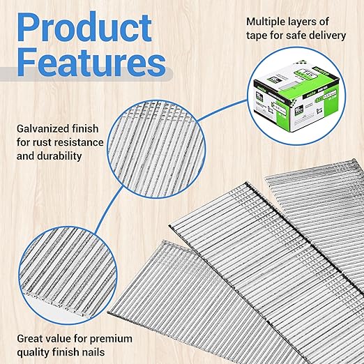 meite 16 Gauge Finish Nails, 1-3/4-Inch Galvanized 16 Gauge Nails, Small Straight Finishing Nail for 16 Gauge Finish Nailer Guns (5 Boxes)
