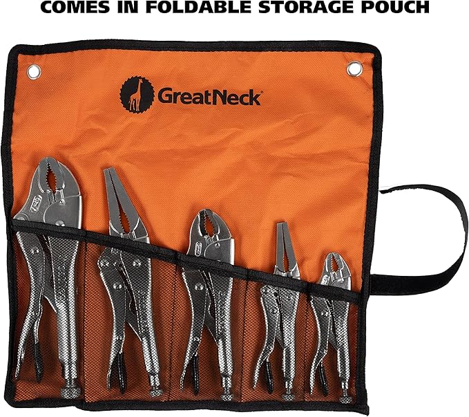 GreatNeck 74230 5-Piece Locking Plier Set ??Curved & Long Nose Pliers with Plastisol Trigger Release, Diagonal Tooth Grip, Wire Cutter & Storage Pouch ??Durable Alloy Steel Construction