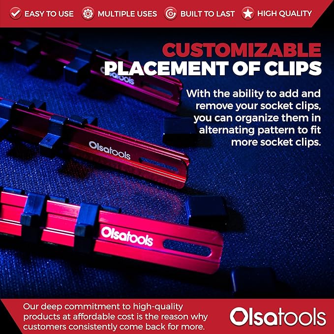 Olsa Tools Aluminum Socket Organizer, 3pc Set - Red Socket Holder Kit 1/2-Inch, 3/8-Inch, and 1/4-Inch Drive - Holds 58 Chrome or Impact Sockets - Professional Grade Socket Rails - Part: 1009
