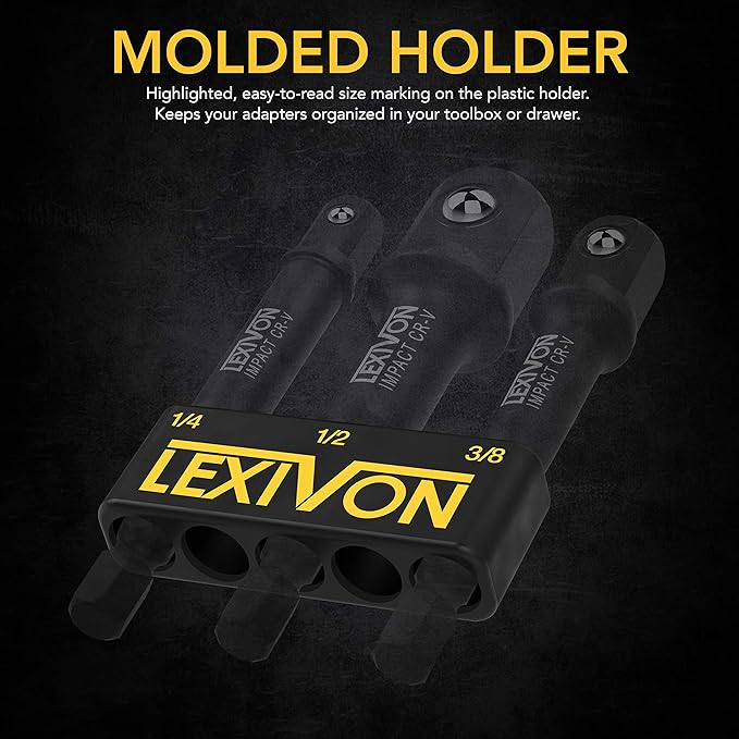 LEXIVON [2-Pack] Impact Grade Socket Adapter Set, 3" Extension Bit With Holder | 3-Piece 1/4", 3/8", and 1/2" Drive, Adapt Your Power Drill To High Torque Impact Wrench (LX-101X2)