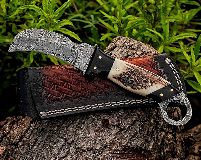 Handmade Damascus Steel,Deer Antler handle fixed blade knife with Leather sheath, Heavy Duty Utility Knife,Skinning knife for professional.