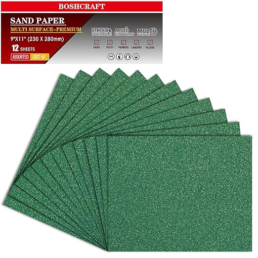60 Grit Aluminum Oxide Sandpaper, 9x11 Inch Sheets, 12 Pack, Compatible with Sanding Block, for Wood, Metal, Fiberglass