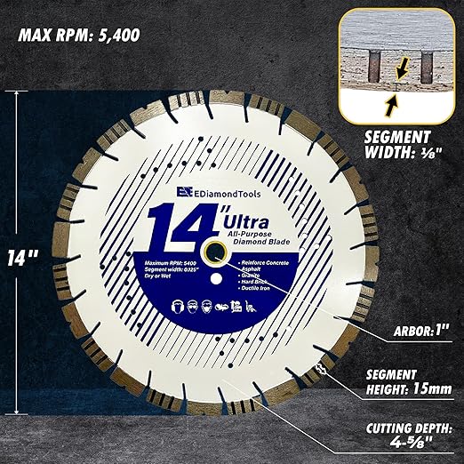 14" Ultra All Purpose Diamond Saw Blades for Hard/Reinforced Concrete, Asphalt, Granite, Terrazzo, Ductile Iron Piping, 4-5/8" Cutting Depth, 1" Arbor
