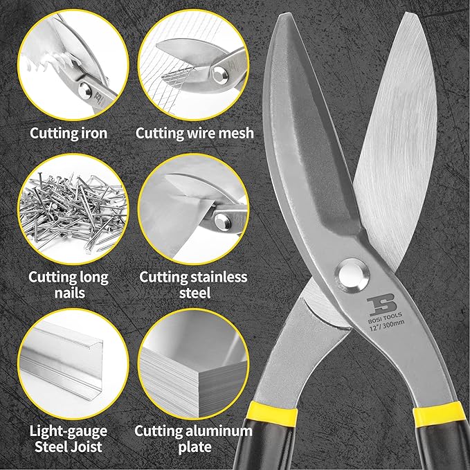 Tin Snips 12 Inch Flat Blade Metal Cutters Straight Shears Heavy Duty Drop Forged Carbon Steel Blade with Comfortable Rubber Dipped Handle for Cutting Sheet Metal