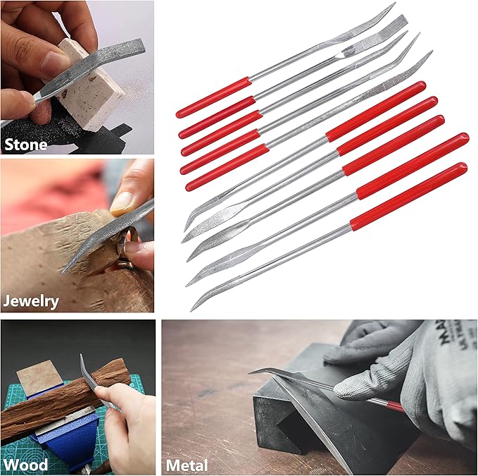 YAKAMOZ 10Pcs Curved Mini Diamond Metal Files Set 3x160mm Bent Round Needle File Triangular Square Flat Riffler File Kit Wood Stone Glass Jewelry Fine File DIY Tools