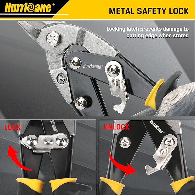 HURRICANE 3 pc Aviation Tin Snips Set, 10 inch Metal Cutter Shears for Cutting Sheet Metal, Cr-V Blades, Straight Left and Right Aviation Snips, with Ergonomical TyreGrip Handle and Safety Latch